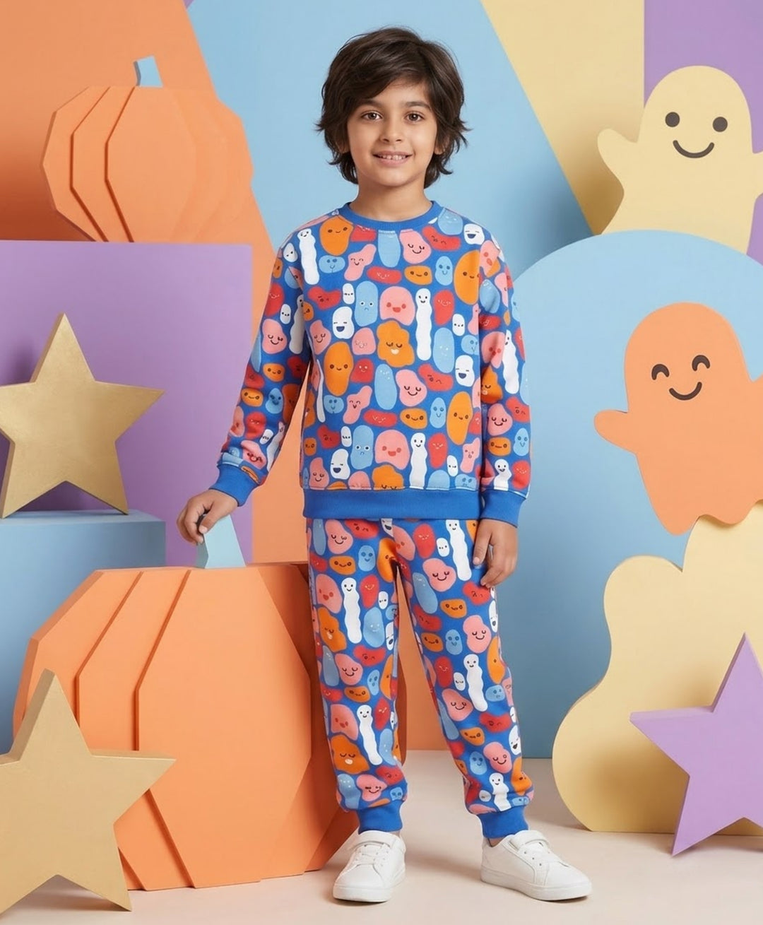 HAPPY BLOBS FLEECE SWEATSHIRT JOGGER  SET - BLUE