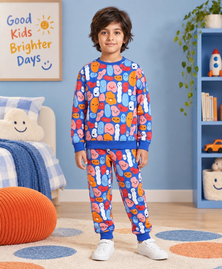 HAPPY BLOBS FLEECE SWEATSHIRT JOGGER  SET - BLUE