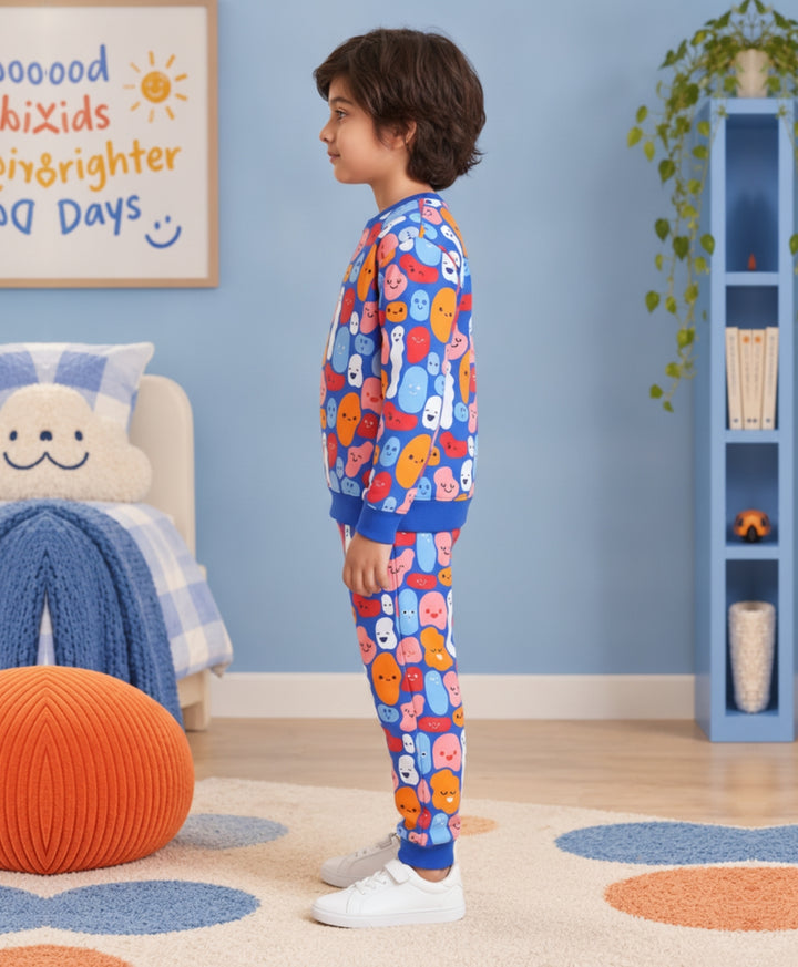 HAPPY BLOBS FLEECE SWEATSHIRT JOGGER  SET - BLUE