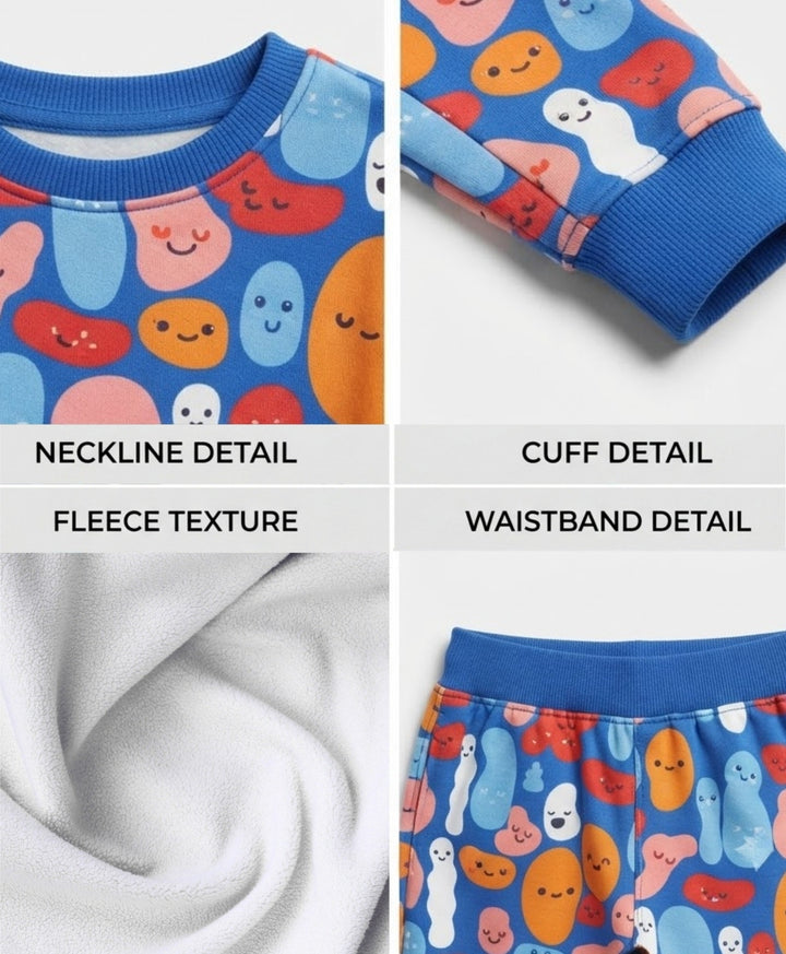 HAPPY BLOBS FLEECE GIRLS SWEATSHIRT JOGGER  SET - BLUE