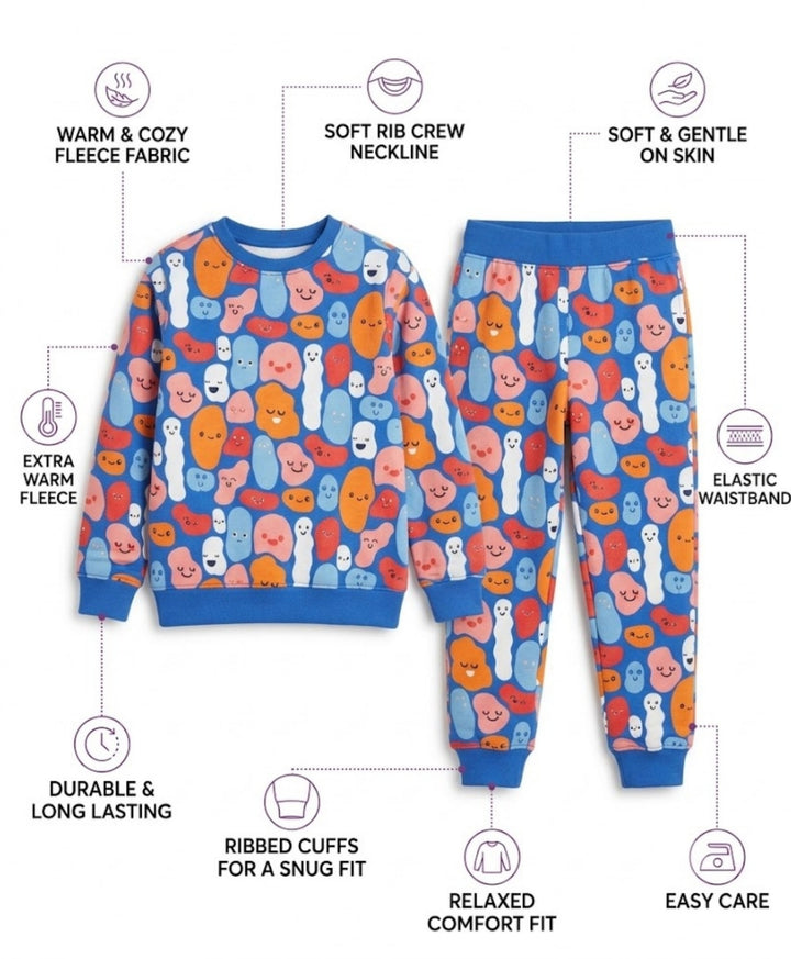 HAPPY BLOBS FLEECE GIRLS SWEATSHIRT JOGGER  SET - BLUE