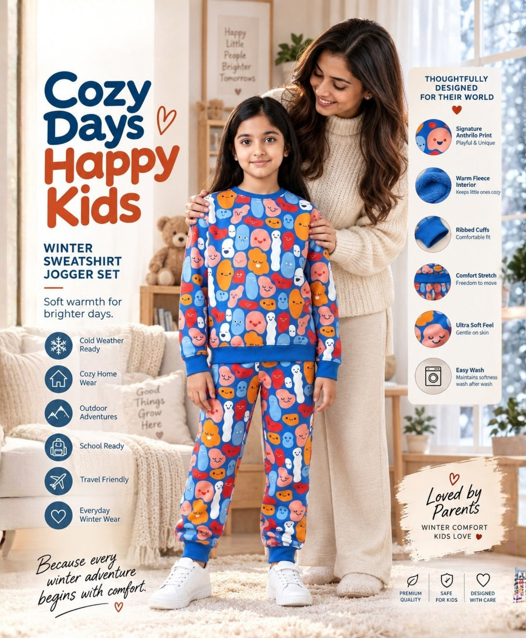 HAPPY BLOBS FLEECE GIRLS SWEATSHIRT JOGGER  SET - BLUE