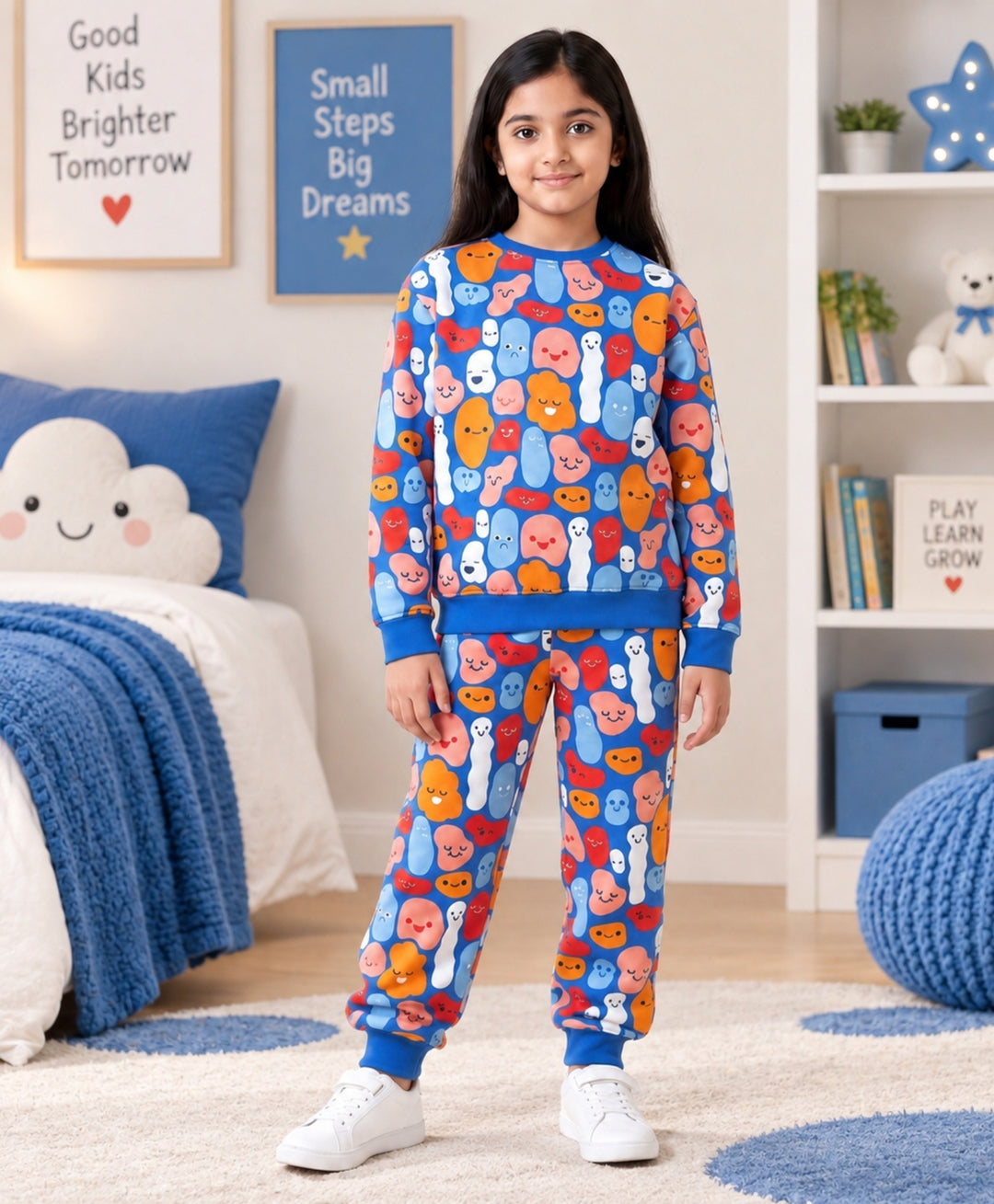 HAPPY BLOBS FLEECE GIRLS SWEATSHIRT JOGGER  SET - BLUE