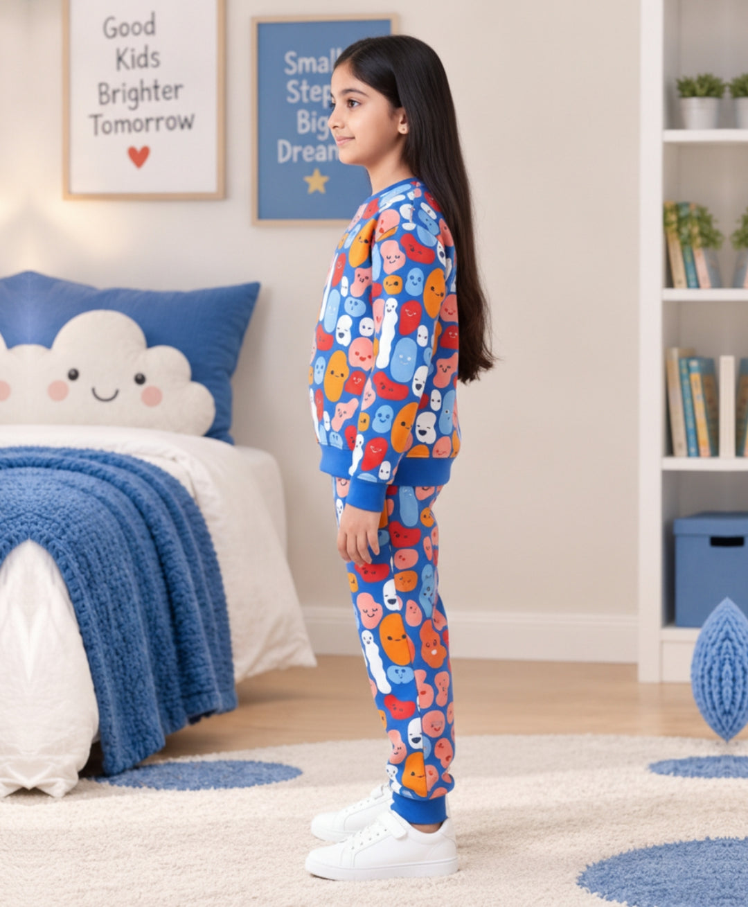HAPPY BLOBS FLEECE GIRLS SWEATSHIRT JOGGER  SET - BLUE
