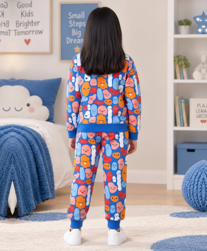 HAPPY BLOBS FLEECE GIRLS SWEATSHIRT JOGGER  SET - BLUE