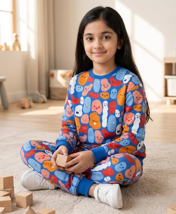 HAPPY BLOBS FLEECE GIRLS SWEATSHIRT JOGGER  SET - BLUE