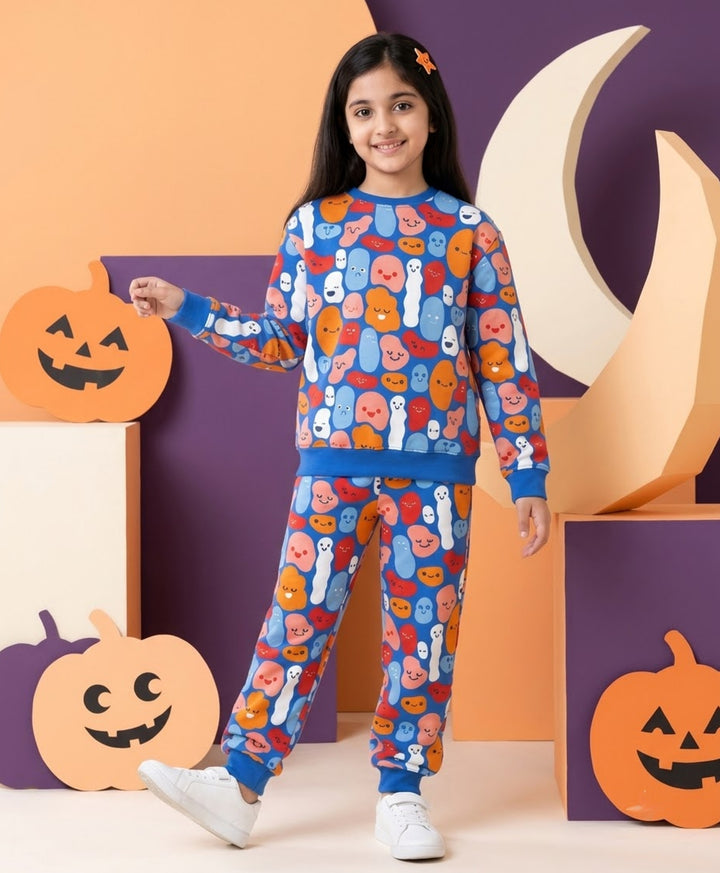 HAPPY BLOBS FLEECE GIRLS SWEATSHIRT JOGGER  SET - BLUE
