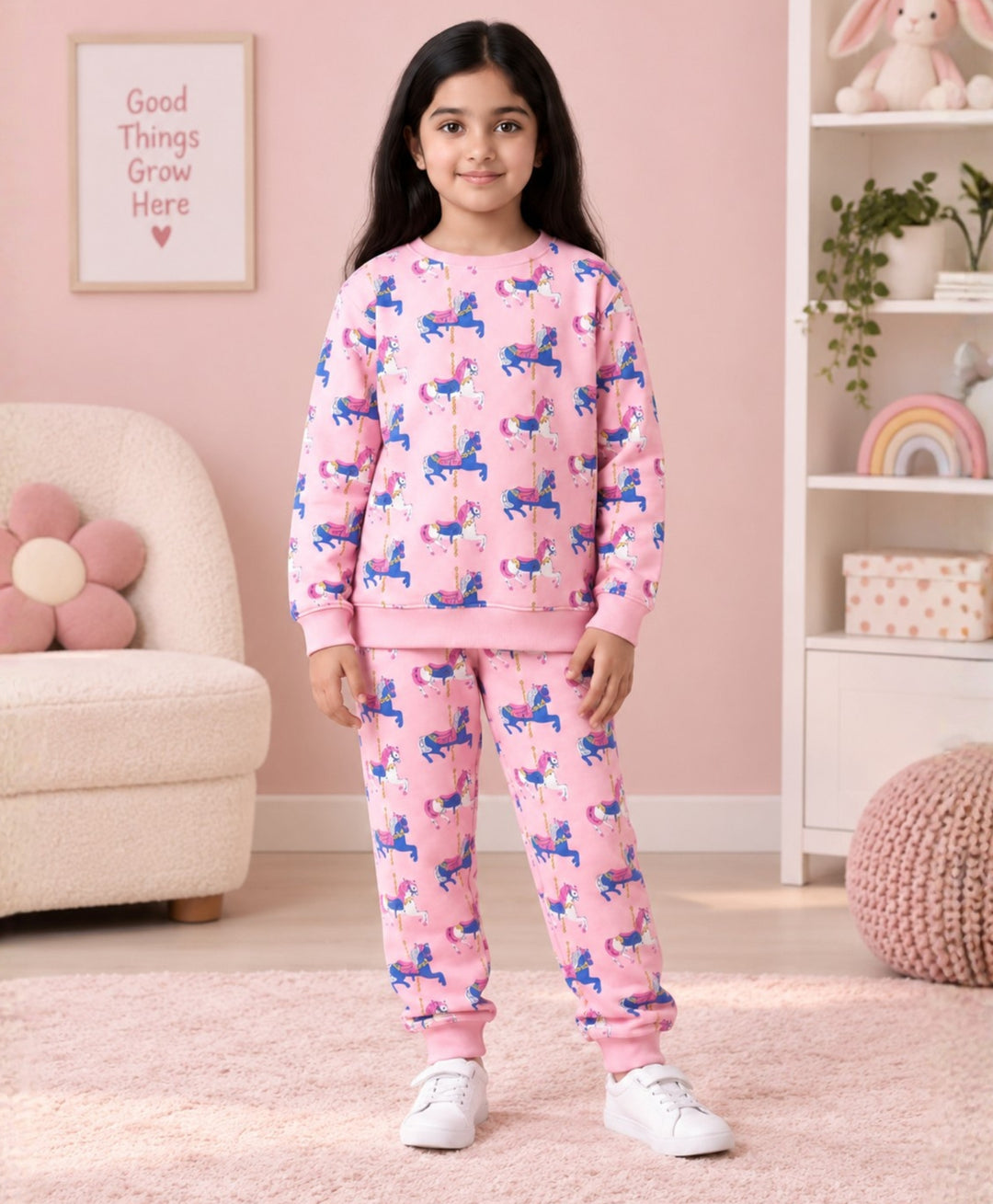 DANCING UNICORN GIRLS FLEECE SWEATSHIRT JOGGER SET - PINK