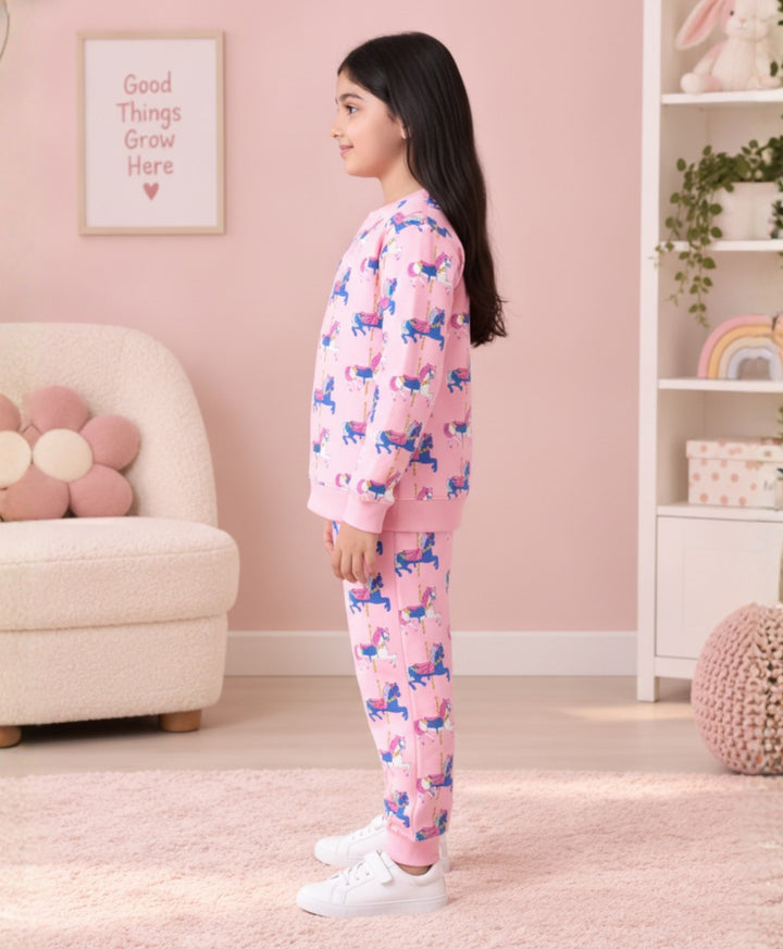 DANCING UNICORN GIRLS FLEECE SWEATSHIRT JOGGER SET - PINK
