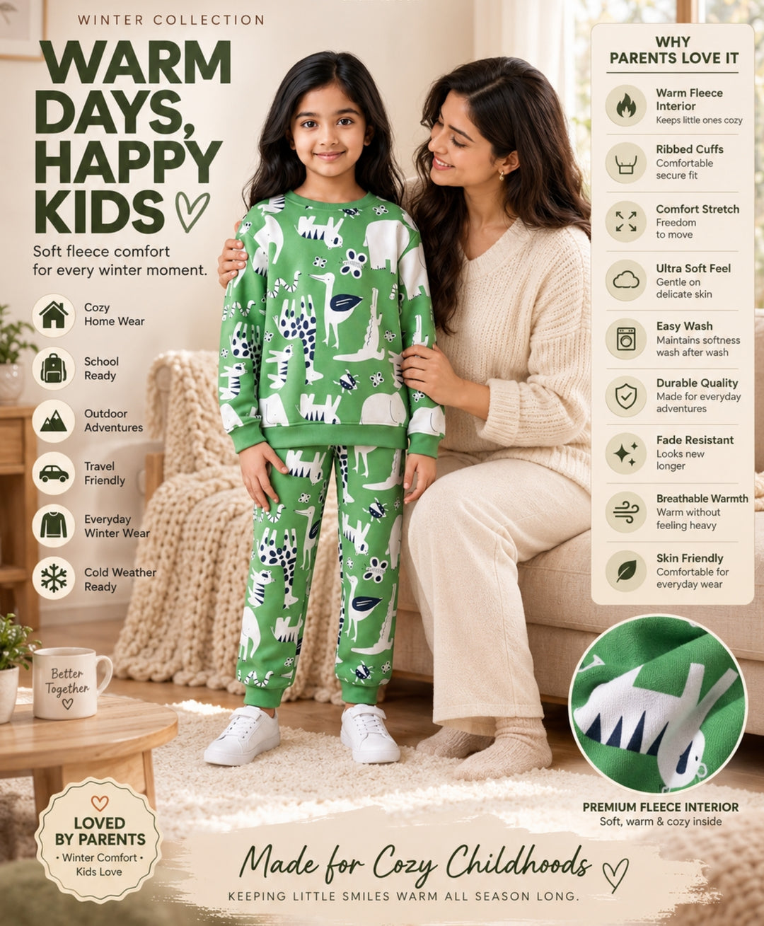 ANIMAL GREEN FLEECE GIRLS SWEATSHIRT JOGGER SET - GREEN