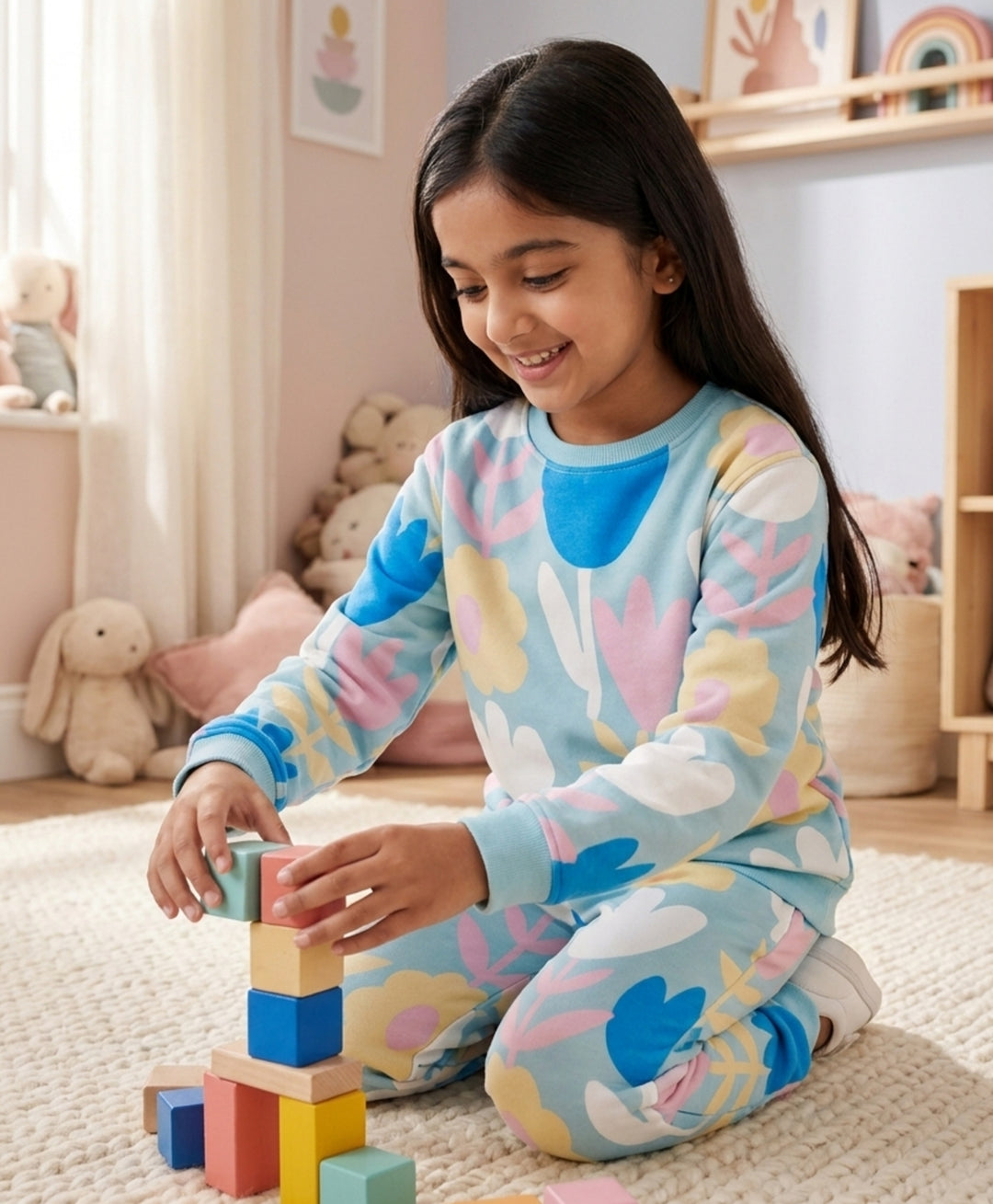 AQUA FLOWER GIRLS FLEECE SWEATSHIRT JOGGER SET - AQUA
