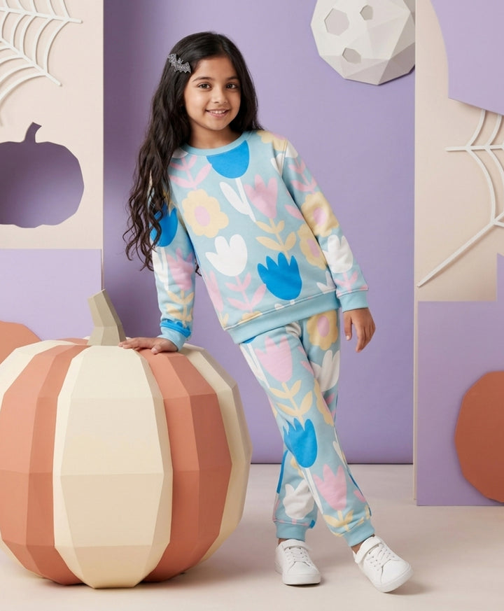 AQUA FLOWER GIRLS FLEECE SWEATSHIRT JOGGER SET - AQUA