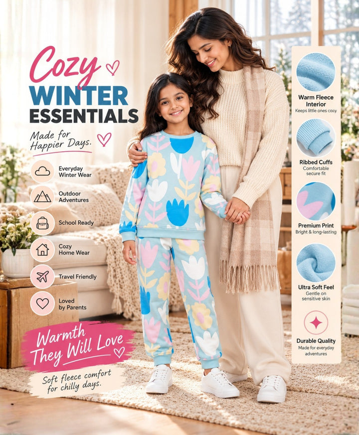 AQUA FLOWER GIRLS FLEECE SWEATSHIRT JOGGER SET - AQUA