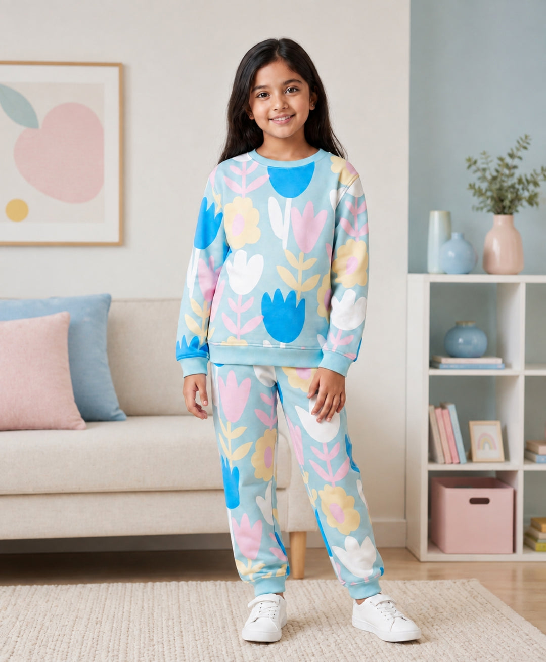 AQUA FLOWER GIRLS FLEECE SWEATSHIRT JOGGER SET - AQUA