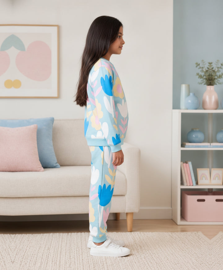 AQUA FLOWER GIRLS FLEECE SWEATSHIRT JOGGER SET - AQUA