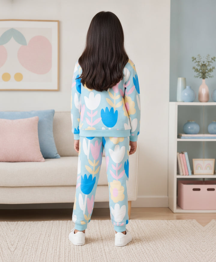 AQUA FLOWER GIRLS FLEECE SWEATSHIRT JOGGER SET - AQUA