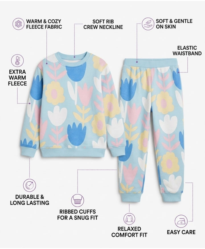 AQUA FLOWER GIRLS FLEECE SWEATSHIRT JOGGER SET - AQUA