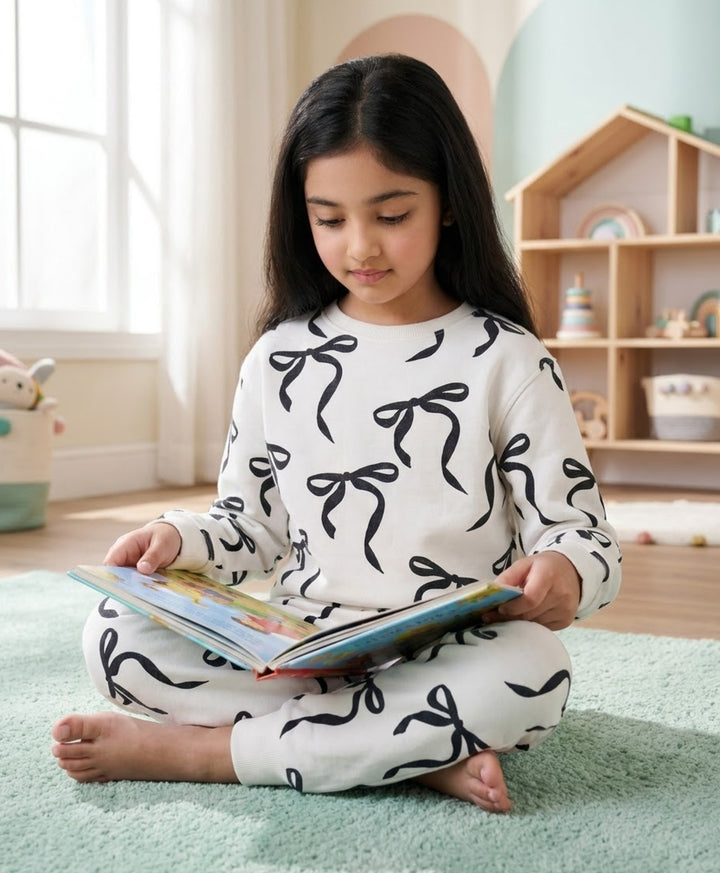 BLACK BOW GIRLS FLEECE SWEATSHIRT JOGGER SET - WHITE