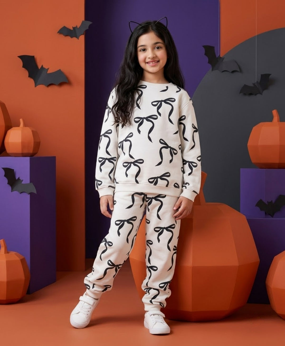 BLACK BOW GIRLS FLEECE SWEATSHIRT JOGGER SET - WHITE