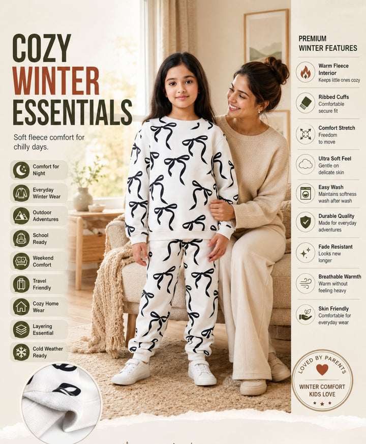 BLACK BOW GIRLS FLEECE SWEATSHIRT JOGGER SET - WHITE