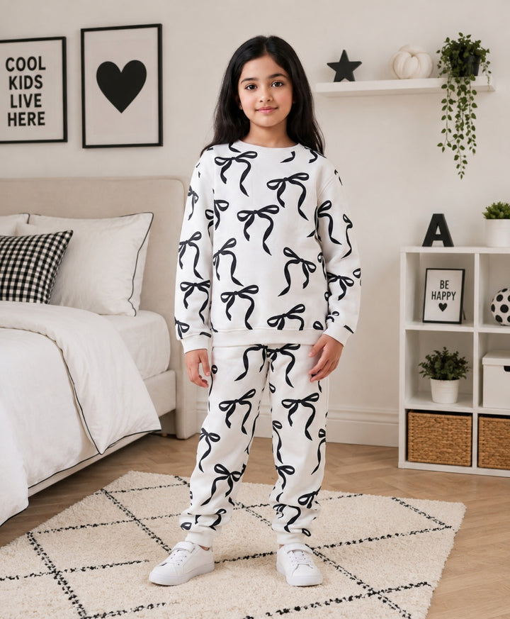 BLACK BOW GIRLS FLEECE SWEATSHIRT JOGGER SET - WHITE