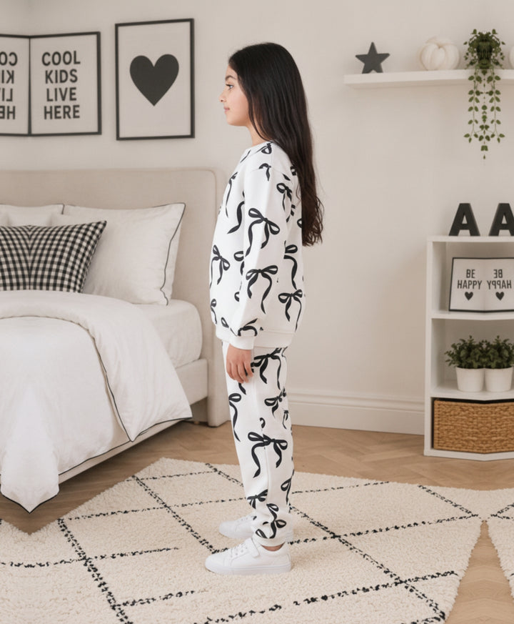 BLACK BOW GIRLS FLEECE SWEATSHIRT JOGGER SET - WHITE