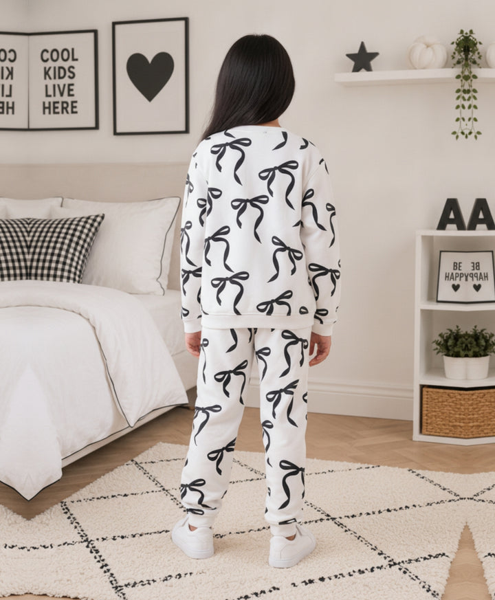 BLACK BOW GIRLS FLEECE SWEATSHIRT JOGGER SET - WHITE