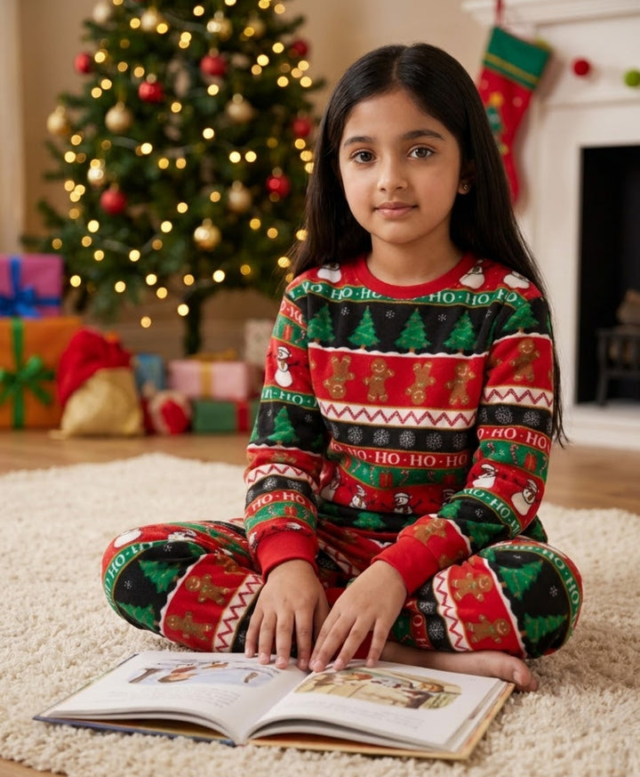 CHRISTMAS PRINT GIRLS FLEECE SWEATSHIRT JOGGER SET - RED