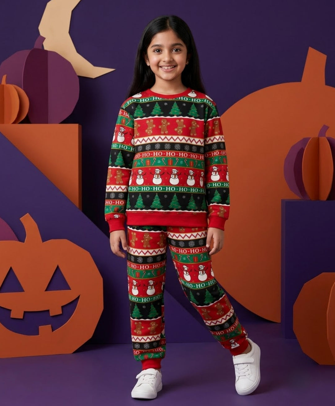 CHRISTMAS PRINT GIRLS FLEECE SWEATSHIRT JOGGER SET - RED