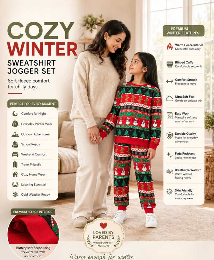 CHRISTMAS PRINT GIRLS FLEECE SWEATSHIRT JOGGER SET - RED