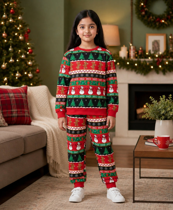 CHRISTMAS PRINT GIRLS FLEECE SWEATSHIRT JOGGER SET - RED