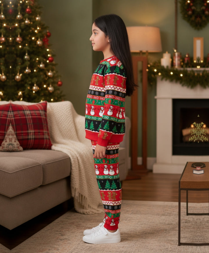 CHRISTMAS PRINT GIRLS FLEECE SWEATSHIRT JOGGER SET - RED