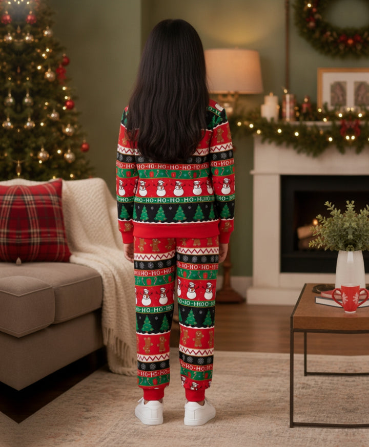 CHRISTMAS PRINT GIRLS FLEECE SWEATSHIRT JOGGER SET - RED