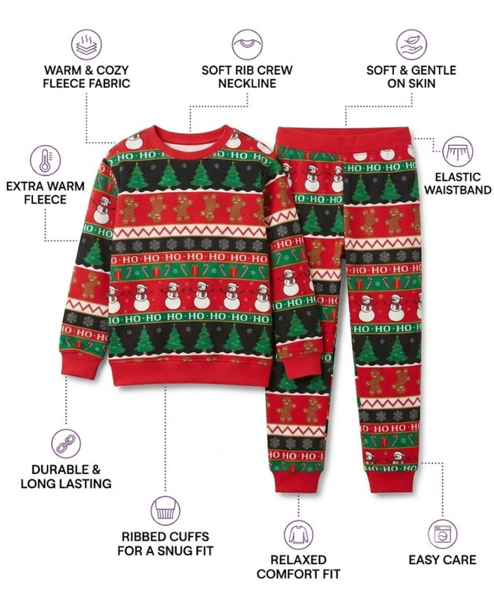 CHRISTMAS PRINT GIRLS FLEECE SWEATSHIRT JOGGER SET - RED