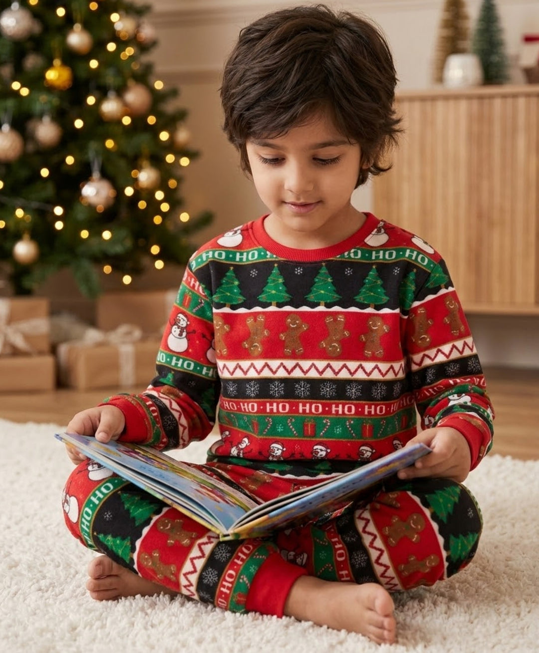 CHRISTMAS PRINT FLEECE SWEATSHIRT JOGGER SET - RED