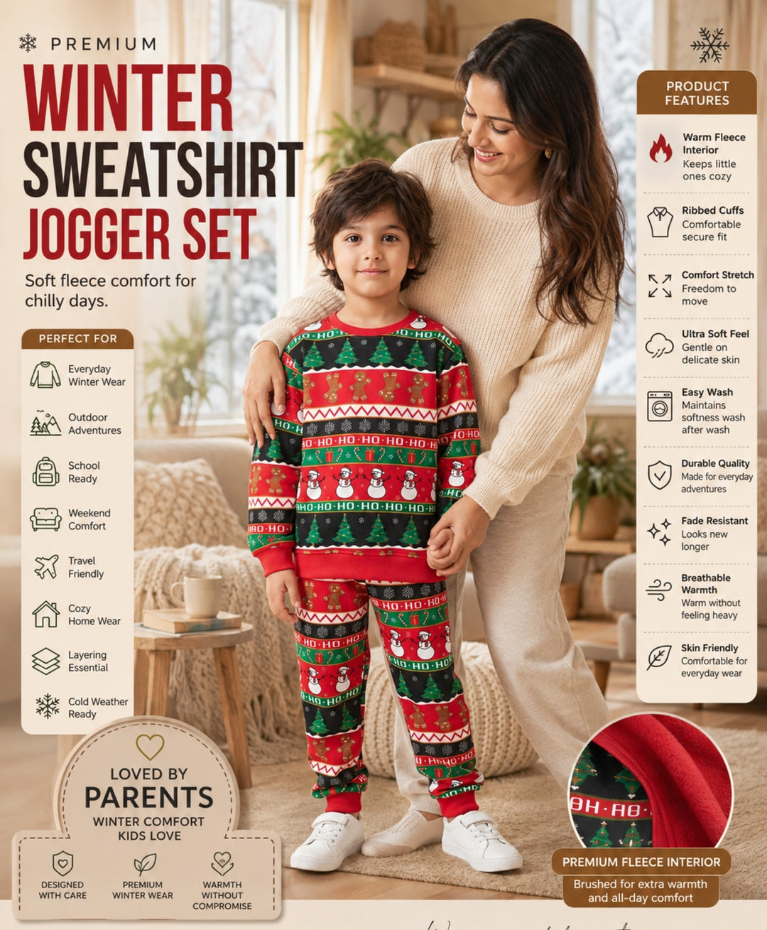 CHRISTMAS PRINT FLEECE SWEATSHIRT JOGGER SET - RED