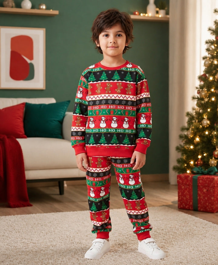 CHRISTMAS PRINT FLEECE SWEATSHIRT JOGGER SET - RED