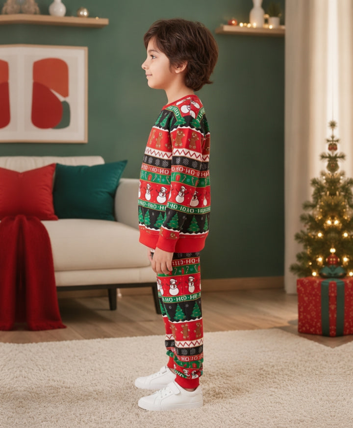 CHRISTMAS PRINT FLEECE SWEATSHIRT JOGGER SET - RED