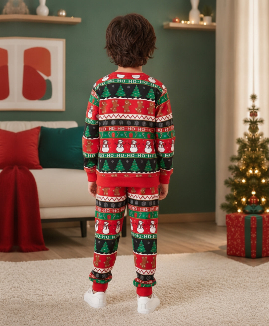CHRISTMAS PRINT FLEECE SWEATSHIRT JOGGER SET - RED