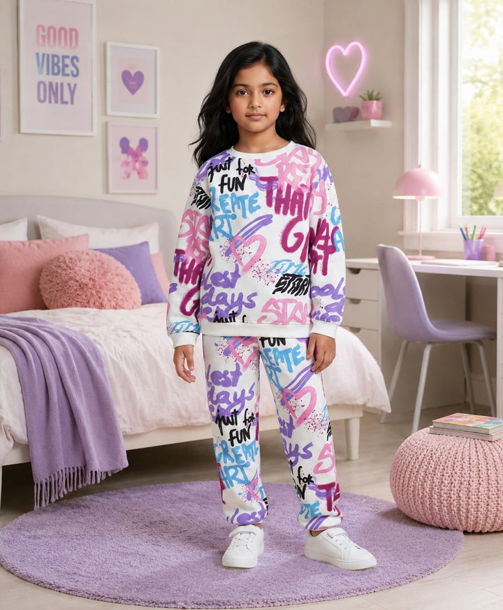 CREATE ART GIRLS FLEECE SWEATSHIRT JOGGER SET - WHITE