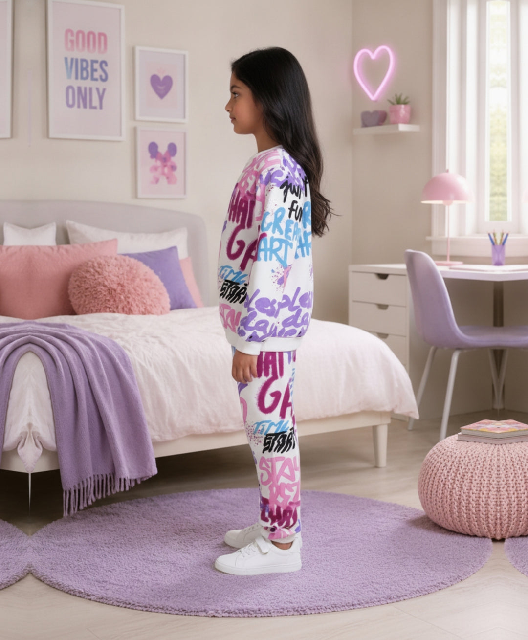 CREATE ART GIRLS FLEECE SWEATSHIRT JOGGER SET - WHITE