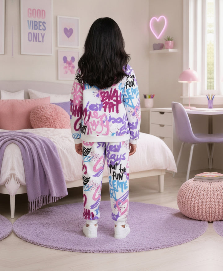 CREATE ART GIRLS FLEECE SWEATSHIRT JOGGER SET - WHITE