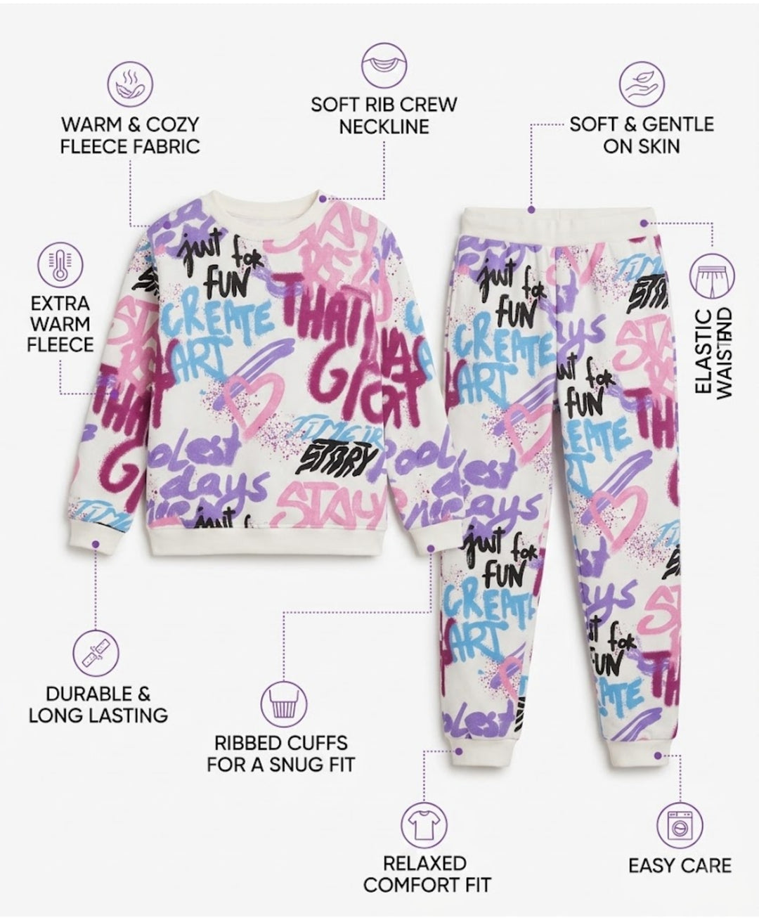 CREATE ART GIRLS FLEECE SWEATSHIRT JOGGER SET - WHITE