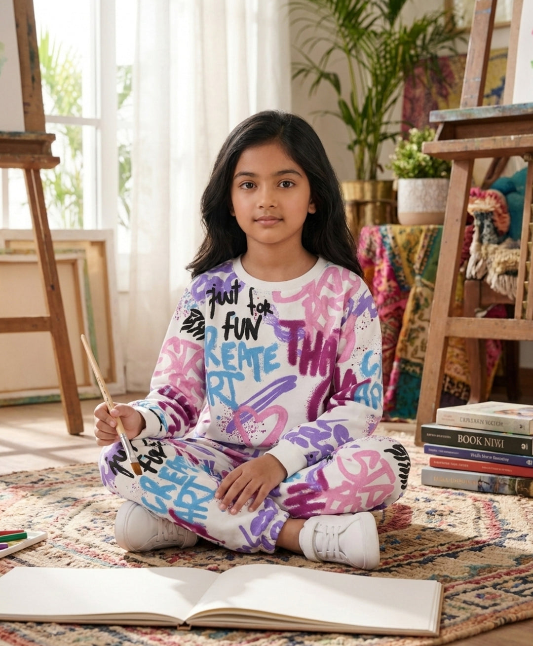 CREATE ART GIRLS FLEECE SWEATSHIRT JOGGER SET - WHITE