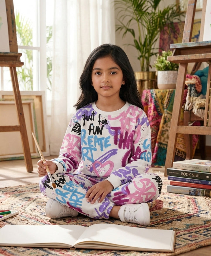 CREATE ART GIRLS FLEECE SWEATSHIRT JOGGER SET - WHITE