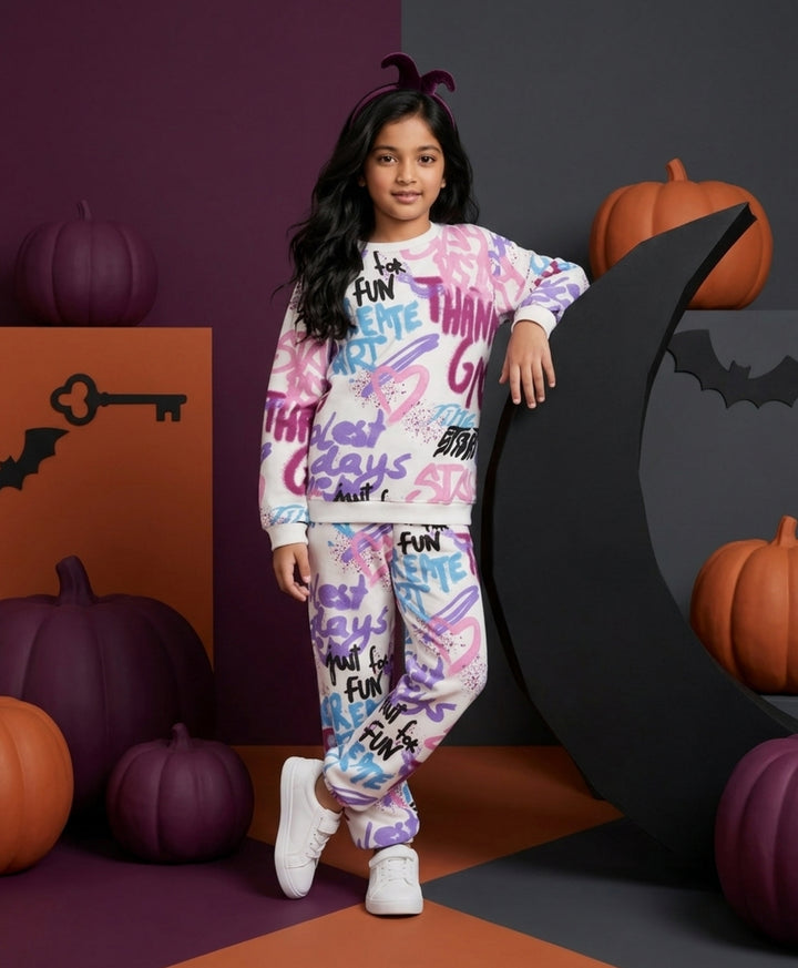 CREATE ART GIRLS FLEECE SWEATSHIRT JOGGER SET - WHITE