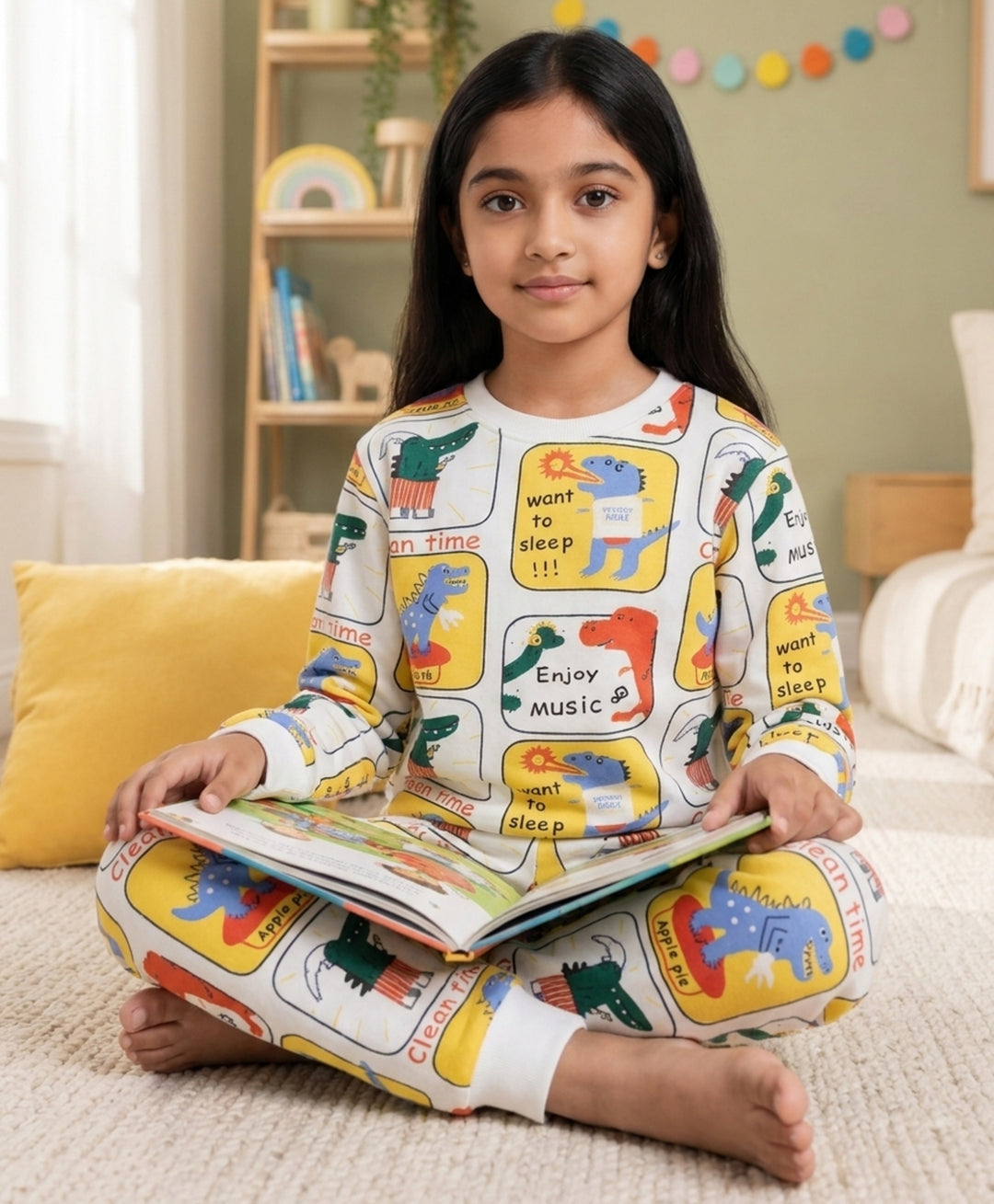 DINOSAUR STAMP GIRLS FLEECE SWEATSHIRT JOGGER SET - OFF WHITE