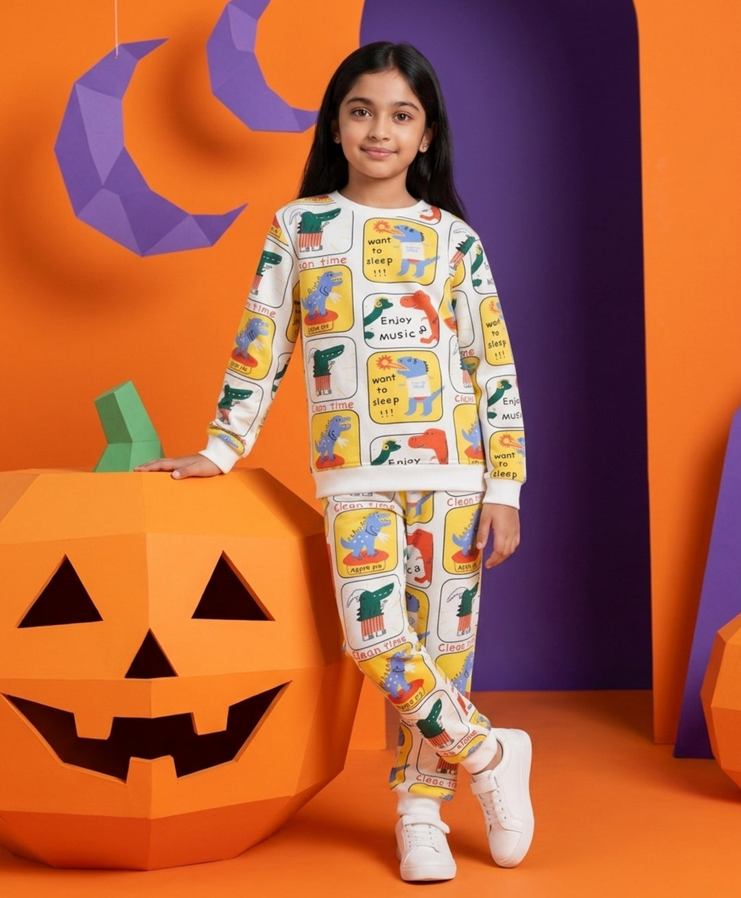 DINOSAUR STAMP GIRLS FLEECE SWEATSHIRT JOGGER SET - OFF WHITE
