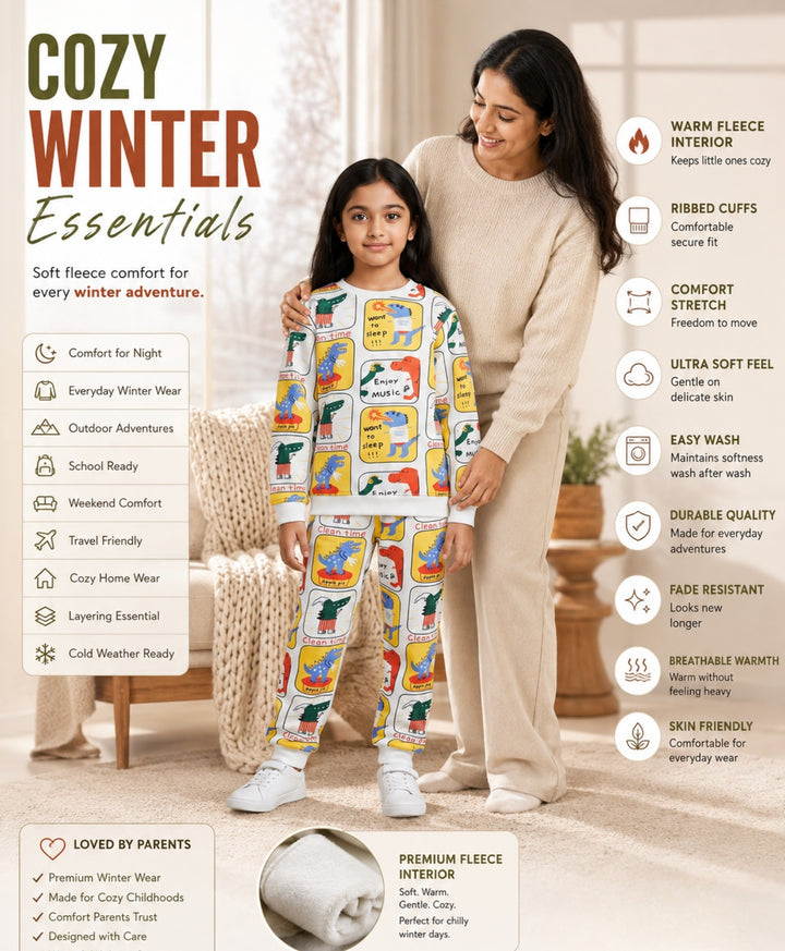 DINOSAUR STAMP GIRLS FLEECE SWEATSHIRT JOGGER SET - OFF WHITE