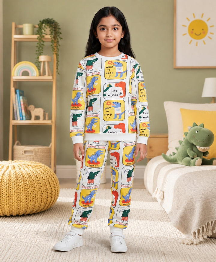 DINOSAUR STAMP GIRLS FLEECE SWEATSHIRT JOGGER SET - OFF WHITE